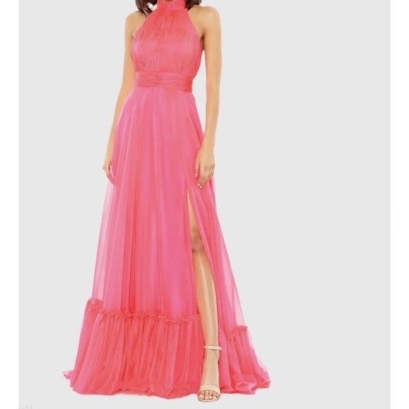 Mac Duggal Dresses & Skirts - Mac Duggal Hot Pink High Neck Tiered Chiffon Halter Side Slit Gown Size 2 $258